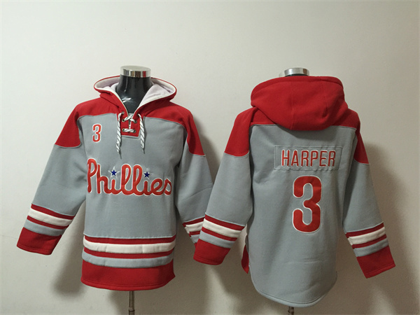 Men's Philadelphia Phillies #3 Bryce Harper Gray/Red Ageless Must-Have Lace-Up Pullover Hoodie